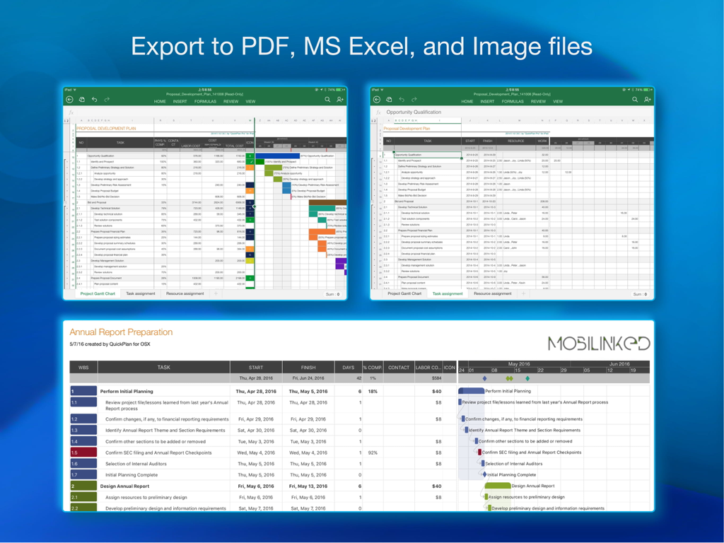 QuickPlan Basic - Project Plan - iPad screenshots showing QuickPlan Basic project plan export options to PDF, MS Excel, and image files.