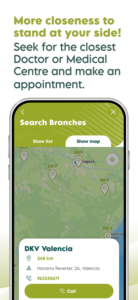 Vista de mapa en la app Activa DKV buscando sucursales médicas y doctores