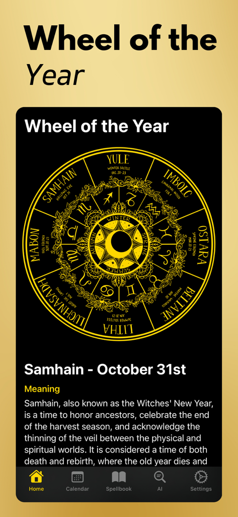 Wicca: Witchcraft & Spells - Screenshot of the Wicca app displaying the Wheel of the Year sacred calendar and details about the Samhain holiday.