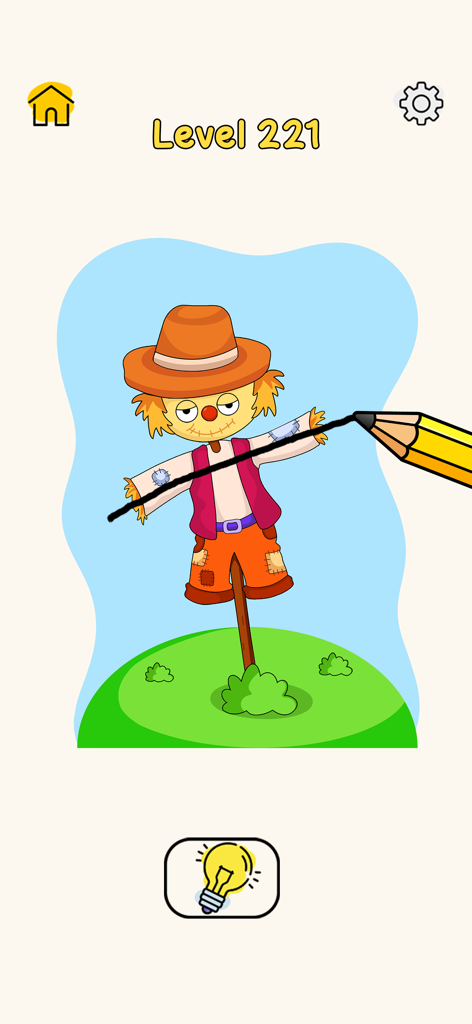 A puzzle level in Draw One Puzzle Games where a player draws a missing line to complete a scarecrow character