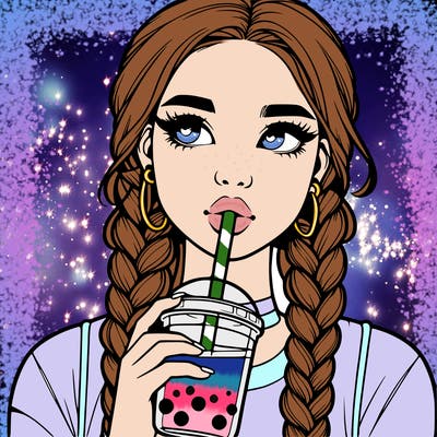 realistic girl with braided hair drinking boba