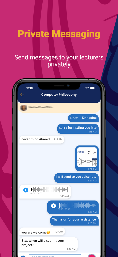 AASTMT Student Portal - Private messaging interface between a student and a lecturer on the AASTMT Student Portal app