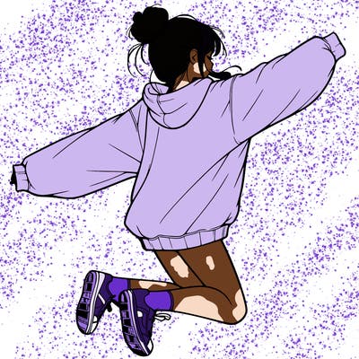 realistic girl jumping with a bun and oversized sweatshirt