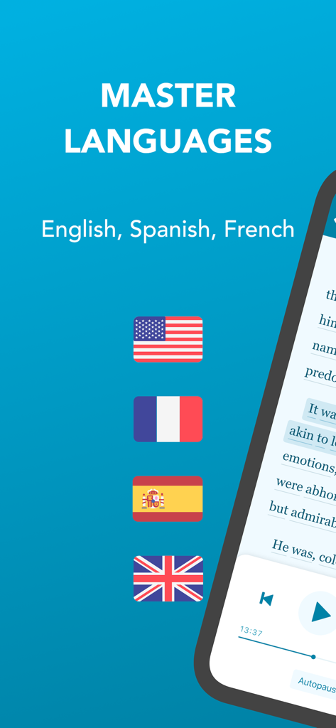Polyglot - Master Languages - Interfaz de la aplicación Polyglot mostrando banderas de inglés, español y francés con una pantalla de reproducción de audio