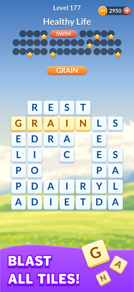 Word Blast: Search Puzzle Game - 건강한 삶 테마의 단어 검색 퍼즐을 보여주는 Word Blast의 게임 플레이 스크린샷