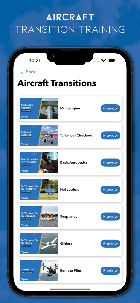 A list of aircraft transition training courses in the Sportys Pilot Training mobile app interface