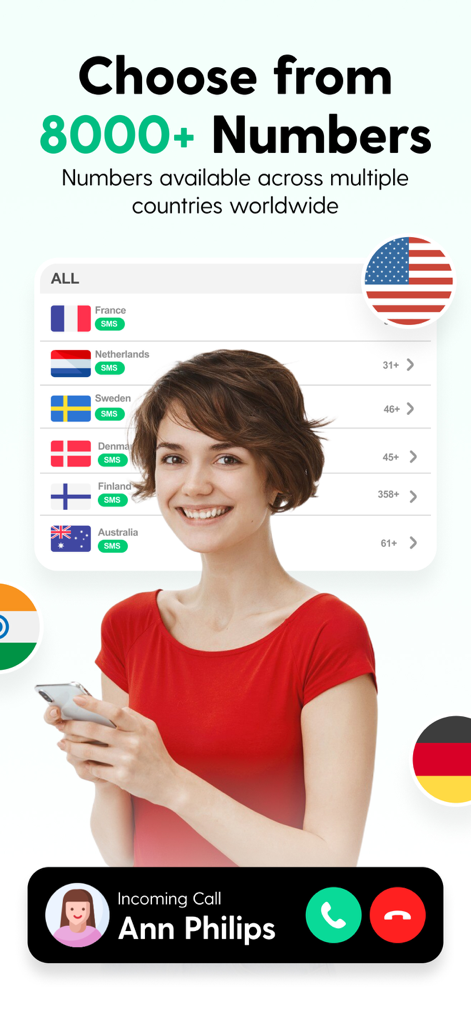 Temp Number - 2nd Phone Number - Interface of Temp Number app displaying thousands of available virtual phone numbers from multiple countries