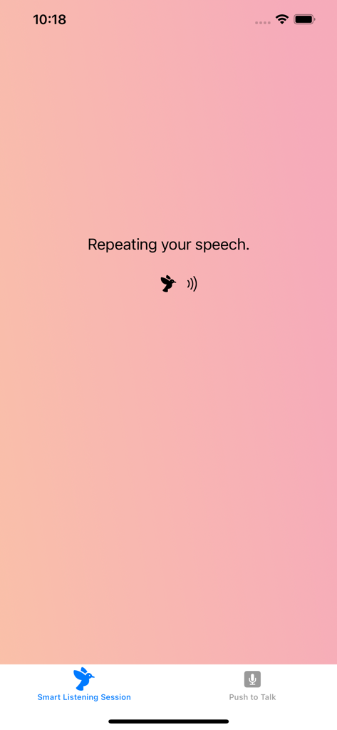 Parakeet app interface showing a voice playback session with the text Repeating your speech