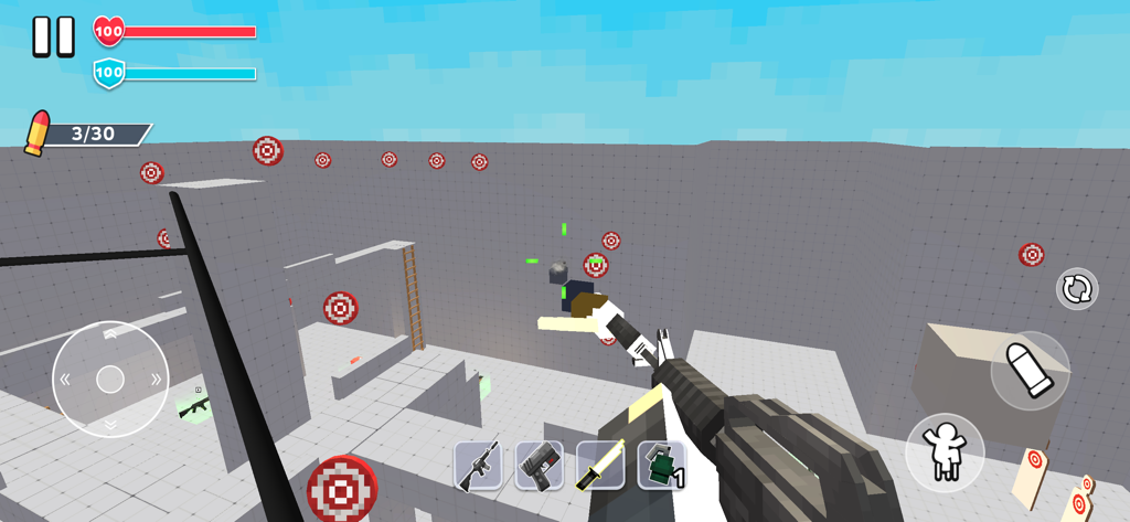 First-person view of a blocky shooter game with a voxel rifle and targets in a training arena.