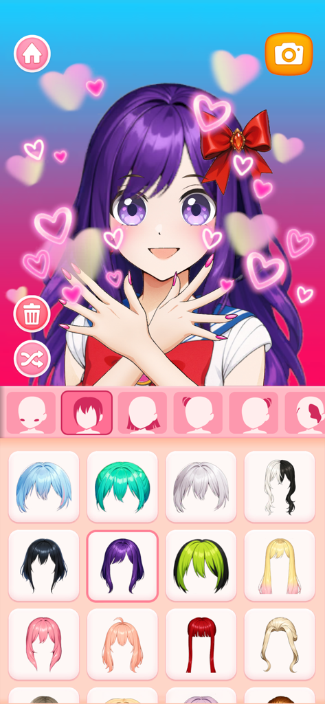 A customization screen in Avatar Maker showing a purple-haired anime girl with a grid of different hair styles and colors below.