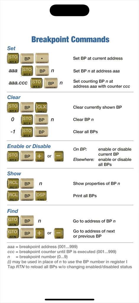 A reference guide showing various breakpoint commands including set, clear, enable, show, and find for the RPN-67 SD calculator app.