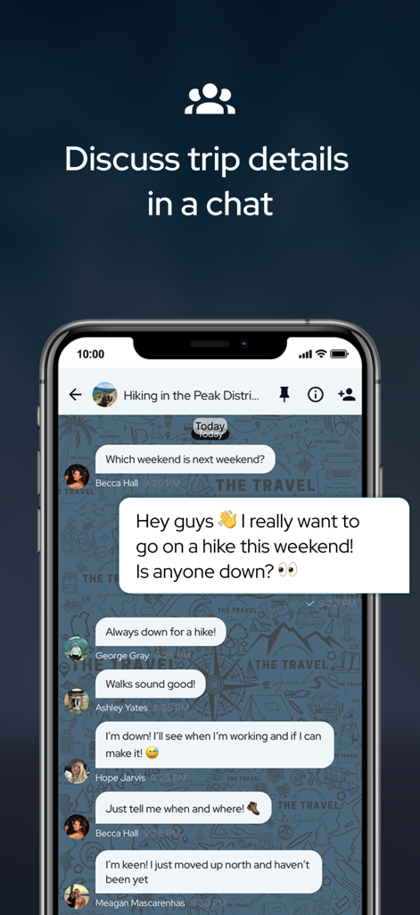 A group chat interface in the Travel Squad app where users are discussing and planning a weekend hiking trip.