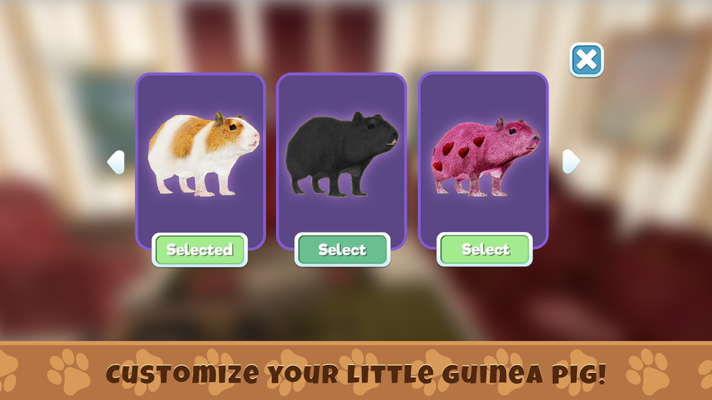 Guinea Pig Simulator Game - A game menu showing options to customize your guinea pig character with different colors and patterns