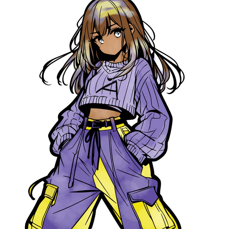 anime teen girl with baggy pants and crop top with sweater