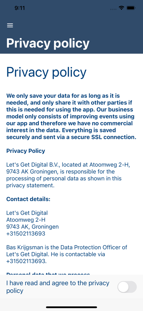 Privacy policy screen in the FI-TS Events mobile application