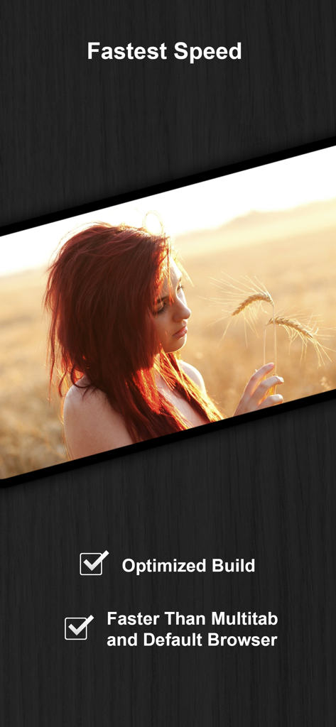 Captura de tela do aplicativo Navegação Privada Branca promovendo sua velocidade mais rápida e recursos de compilação otimizados.