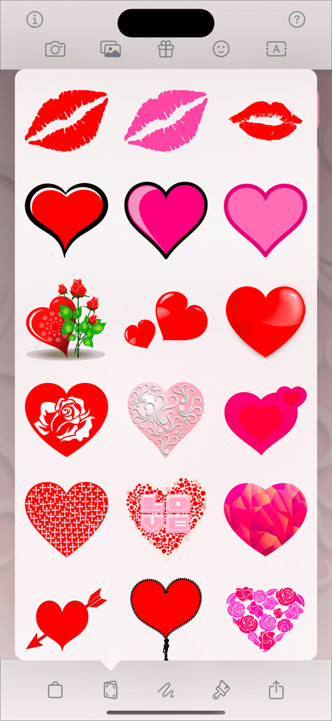 I Love You • Greeting cards - A variety of heart and kiss stickers for personalizing greeting cards.