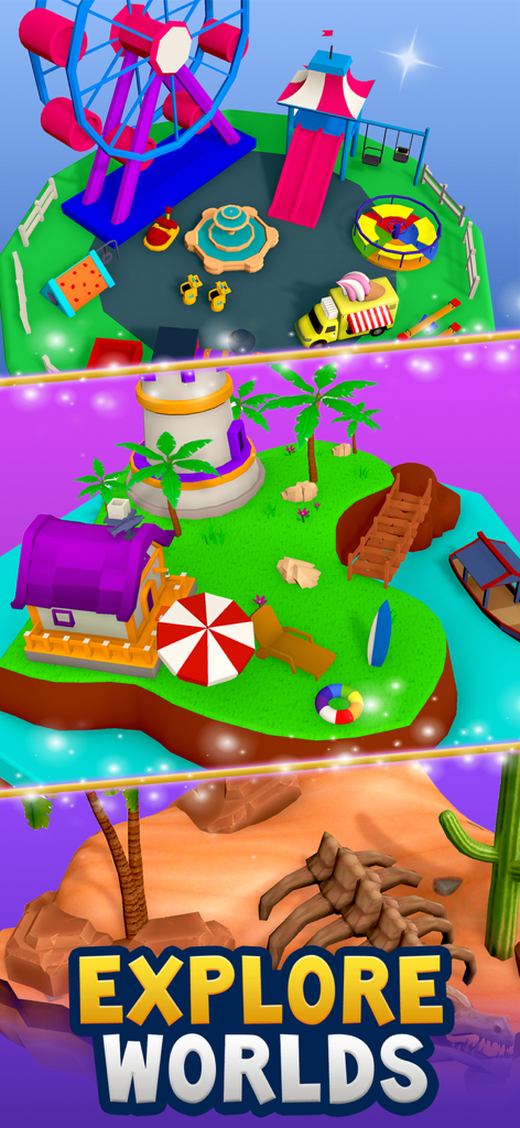 Animal Shooting: Wild Hunter - Un collage que muestra tres entornos coloridos de juego low poly, incluyendo un parque temático, una isla tropical y un desierto