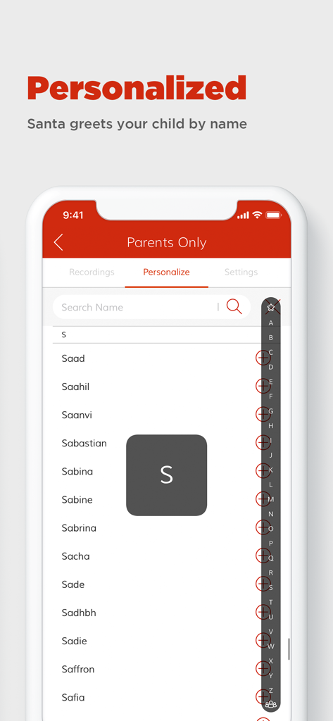Video Call Santa - A list of names in the Video Call Santa app for personalizing greetings.