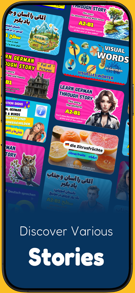Hello German - Learn German - Interface do aplicativo Hello German exibindo várias histórias ilustradas e blocos de vocabulário visual para aprender alemão