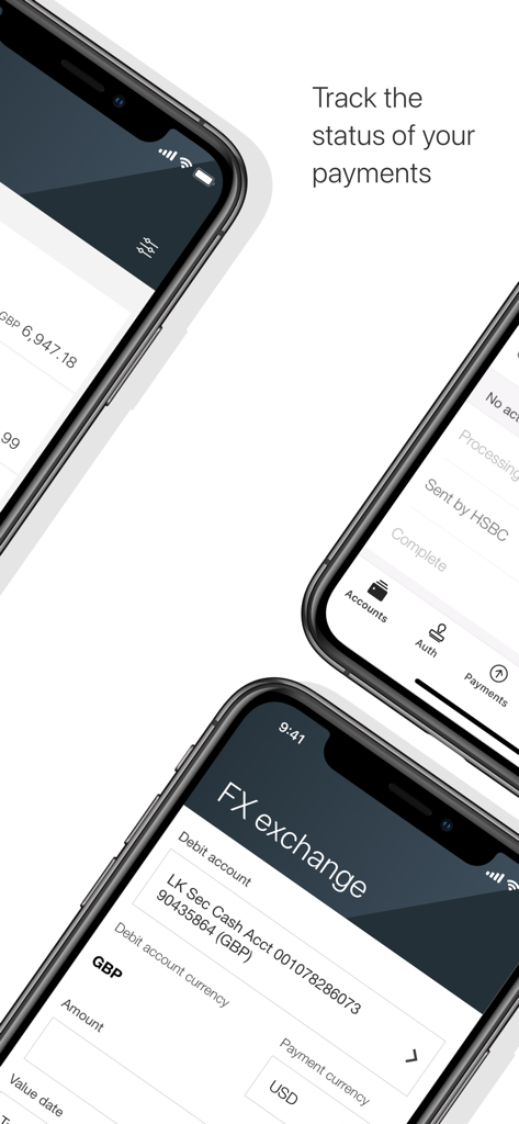 Interface de l'application mobile HSBCnet pour le suivi de l'état des paiements et la gestion des opérations de change.