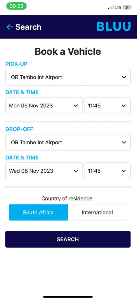 Bluu Car Rental - Search and booking interface of the Bluu Car Rental mobile app