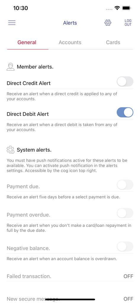 Defence Bank Mobile - Einstellungsbildschirm für App-Benachrichtigungen der Defence Bank Mobile App zur Verwaltung von Mitglieder- und Systembenachrichtigungen.