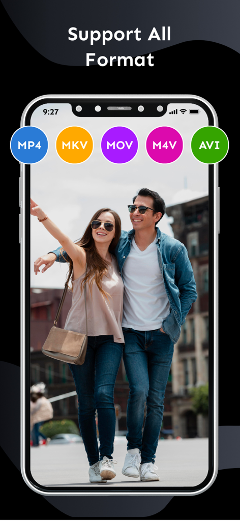 Video Player - All Format 2025 - Écran d'iPhone montrant l'application Lecteur Vidéo prenant en charge les formats vidéo MP4 MKV MOV M4V et AVI