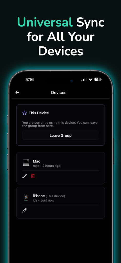 Cross Paste: Clipboard Sync - Cross Paste app interface showing the Devices screen with an iPhone and Mac connected for universal clipboard sync