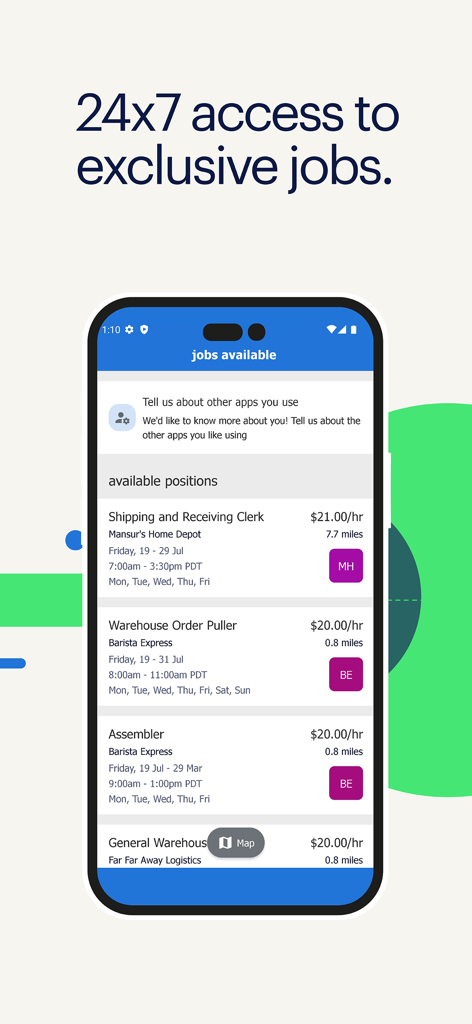Screenshot of the Randstad app displaying available job positions with hourly pay and location details.