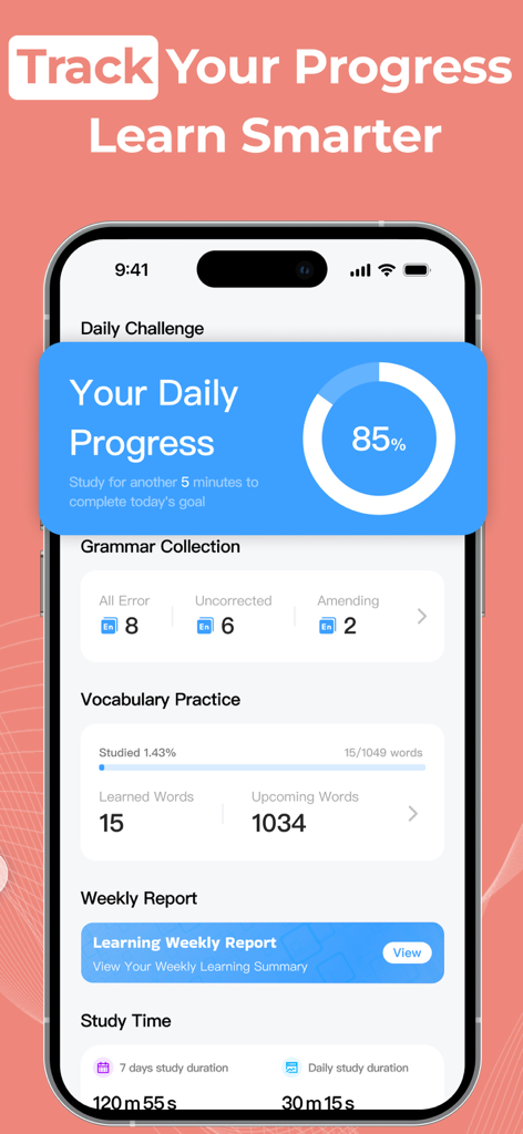 Talkora：Fun Language Learning - Talkora app screen showing daily progress goals and study statistics