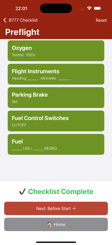 Mobile app screen showing a completed preflight checklist for a Boeing 777 aircraft