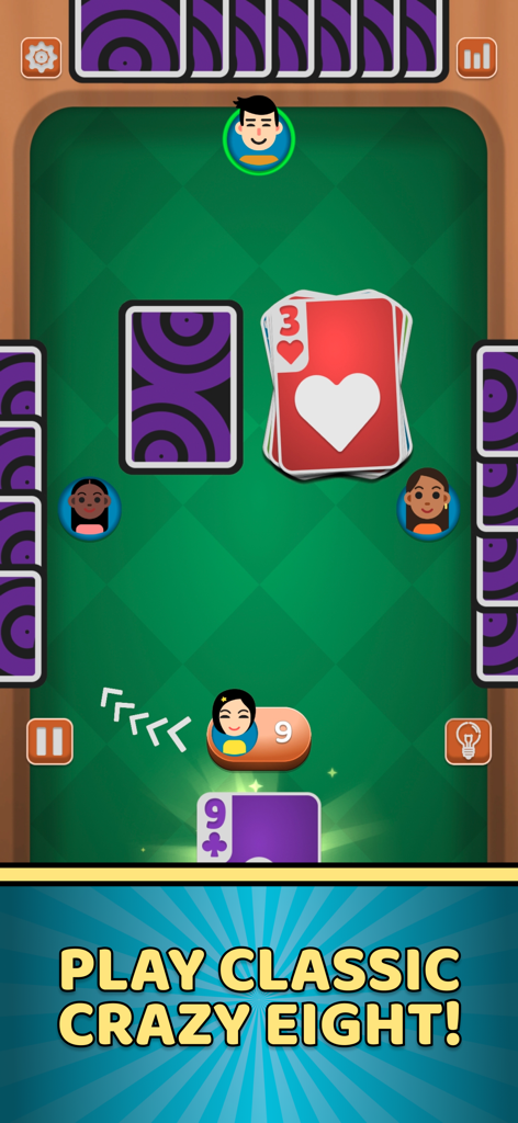 Crazy 8: Card game - Interfaz del clásico juego de cartas Crazy Eight con avatares de jugadores y cartas grandes