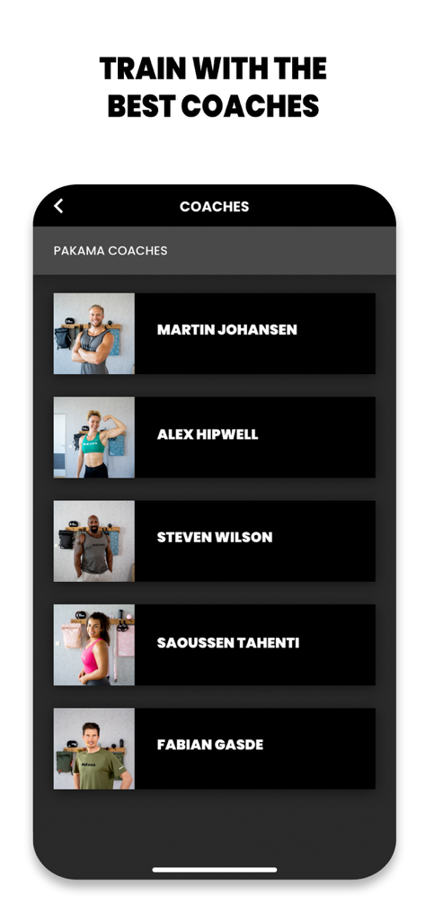 A list of professional fitness trainers within the PAKAMA athletics app