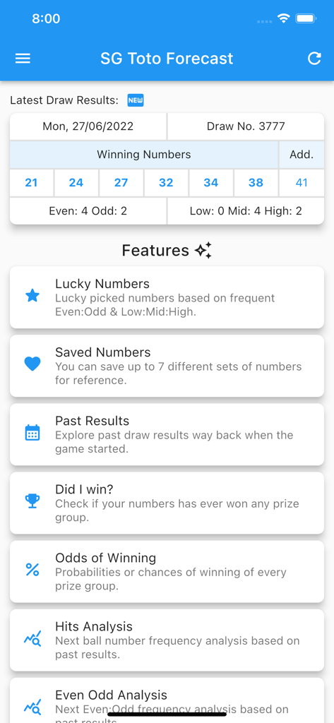 SG Toto Forecast - Home screen of the SG Toto Forecast app showing the latest draw results and statistics features.