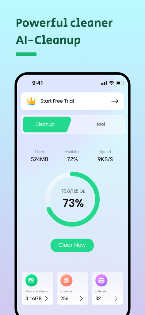 Interfaz de la aplicación móvil AI Cleaner mostrando el uso del almacenamiento y un botón de limpiar ahora