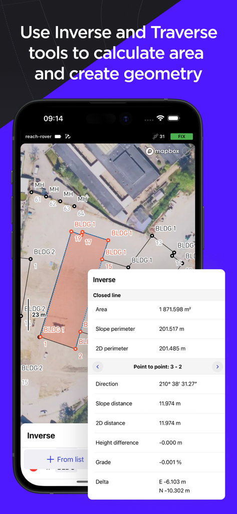 Interface do aplicativo Emlid Flow exibindo cálculos de área e distância usando as ferramentas Inversa e Travessia.