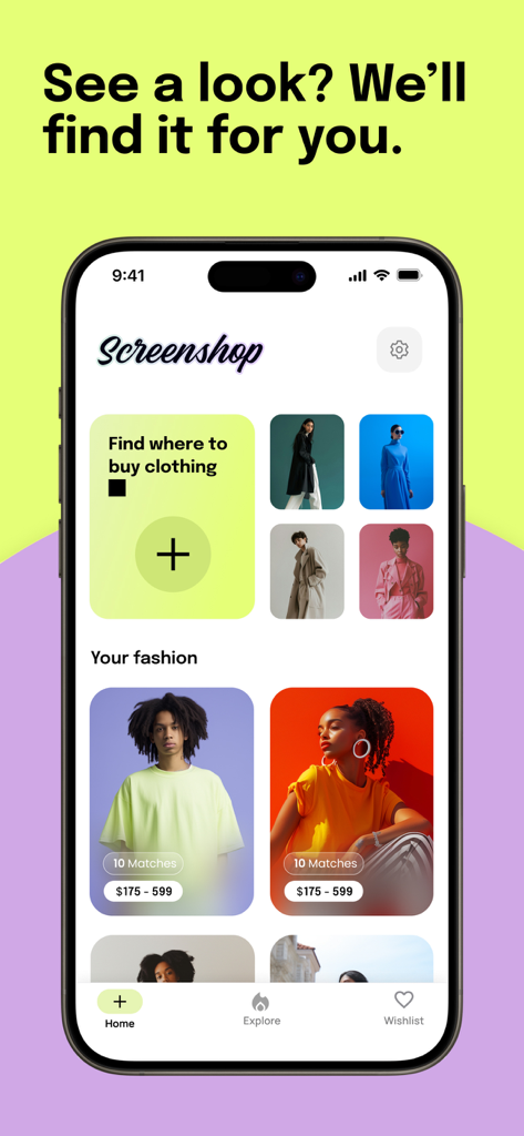 Screenshop - Clothes Finder - Screenshot of the Screenshop app home screen showing fashion discovery tools and user style matches