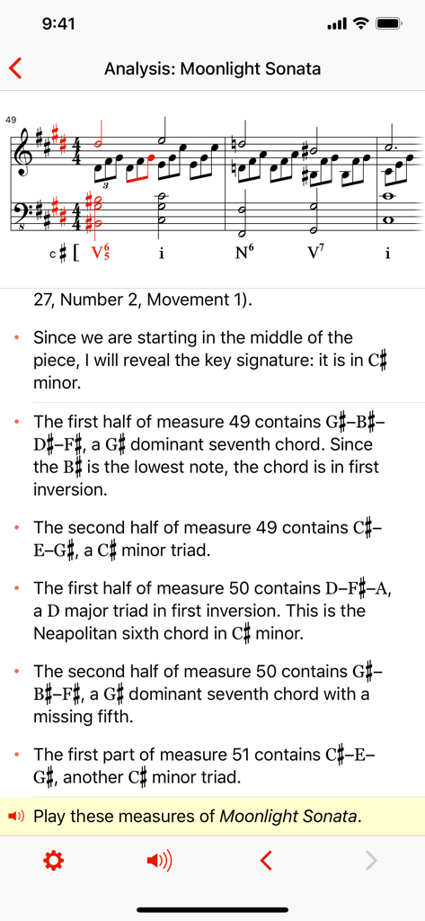 Theory Lessons - A music theory lesson screen analyzing Moonlight Sonata using Roman numeral analysis