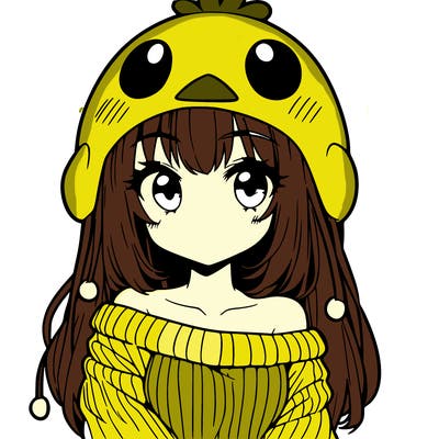 anime girl with chick shaped hat with sweater with bare shoulders with bangs covering them one eye with low tail