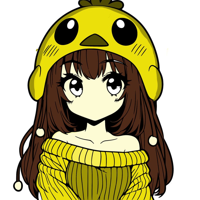anime girl with chick shaped hat with sweater with bare shoulders with bangs covering them one eye with low tail