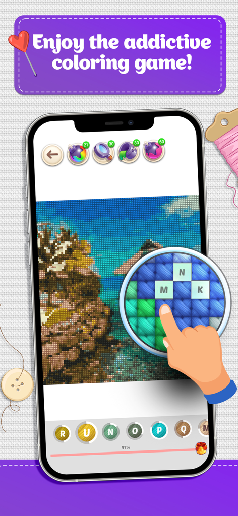 Cross Stitch Coloring Art - A hand stitching a landscape pattern in the Cross Stitch Coloring Art mobile app