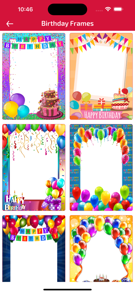 Birthday Wishes & Cards - Une collection de cadres photo colorés pour joyeux anniversaire avec des ballons, des gâteaux et des confettis.