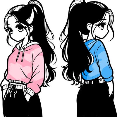 girl that is realistic with a pony tail and comfy outfit