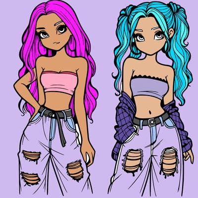 2 girls in crop tops and baggy jeans ripped