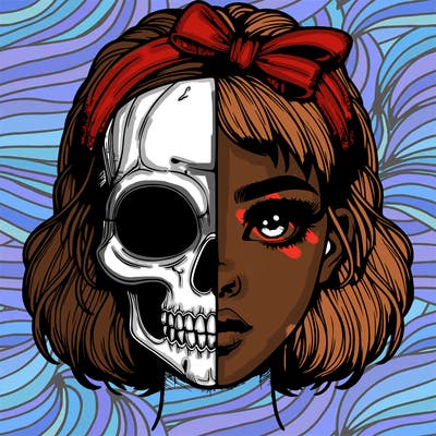 realistic girl with half skull mask
