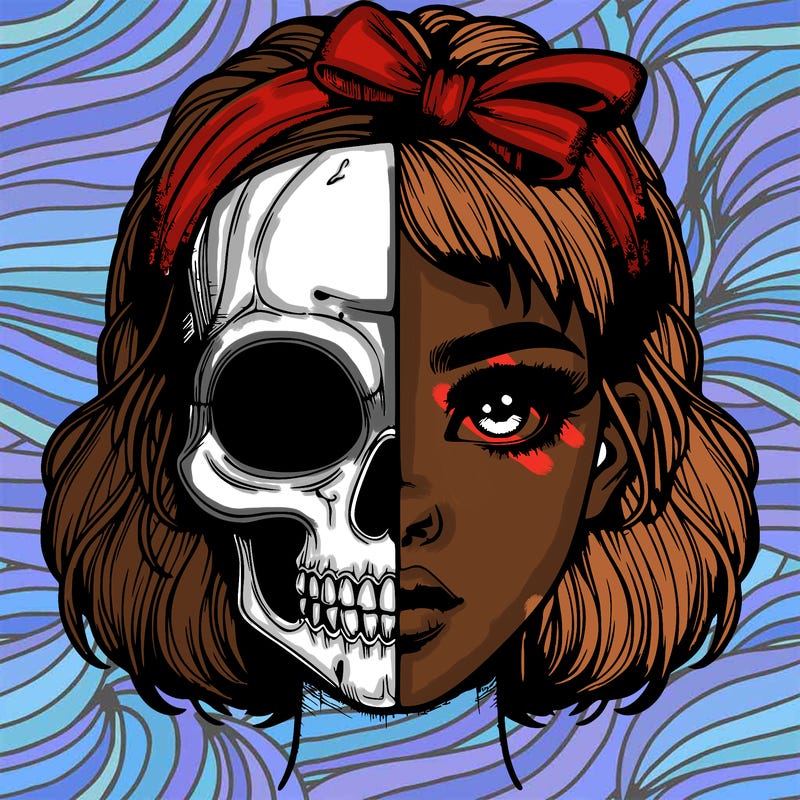 realistic girl with half skull mask