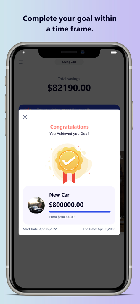 Savings Goal: Piggy Bank - A mobile app screen showing a congratulations message for completing a savings goal for a new car.