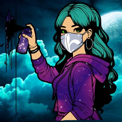 realistic girl with mask spray painting a wall