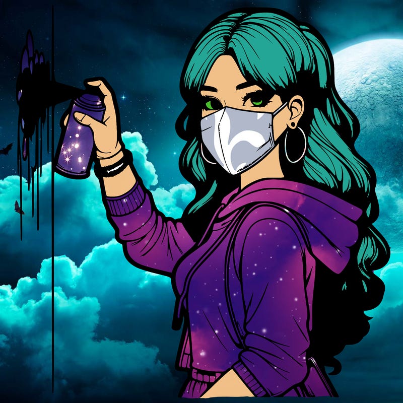 realistic girl with mask spray painting a wall